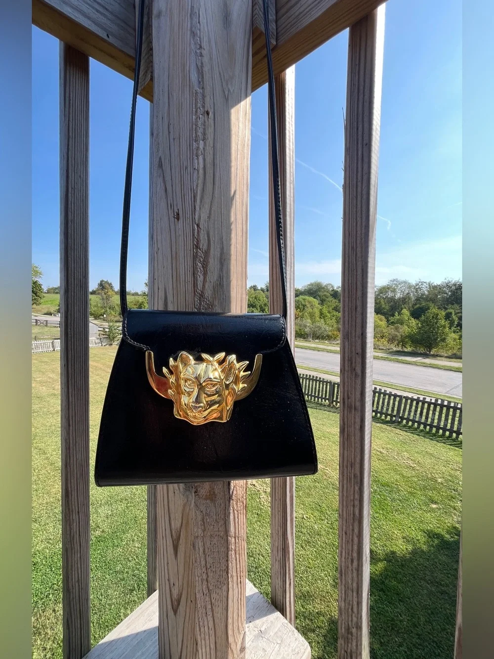 Vintage Sasha 1996 Black Leather Gold Panther Jaguar Crossbody Bag